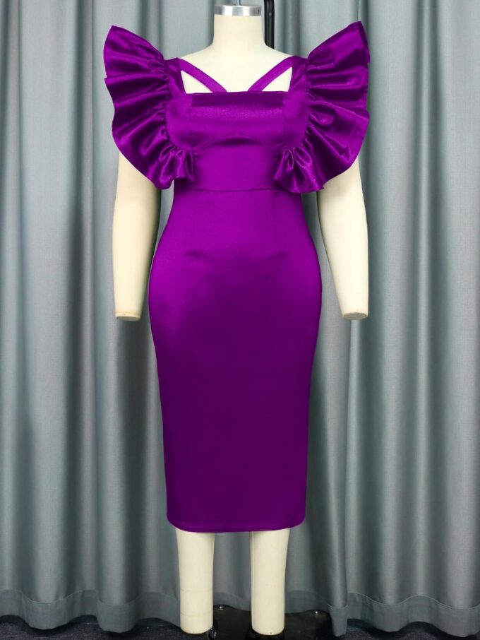 AOMEI Women Ruffle Cap Sleeve Cutout Midi Dress Elegant Square Neck Back Slit Pencil Dresses for Christmas Party Holiday – Bild 4