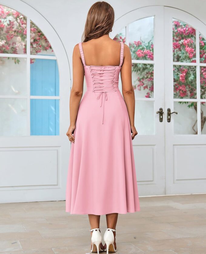 GLNEGE Women's Summer Corset Midi Dress Casual Lace Up Flowy Milkmaid Dresses A-Line Boho Sundress – Bild 3