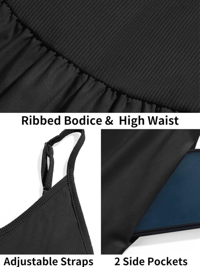 Fisoew Womens Spaghetti Strap Dress V Neck Backless Summer Casual A Line Cami Dress with Pocket – Bild 5