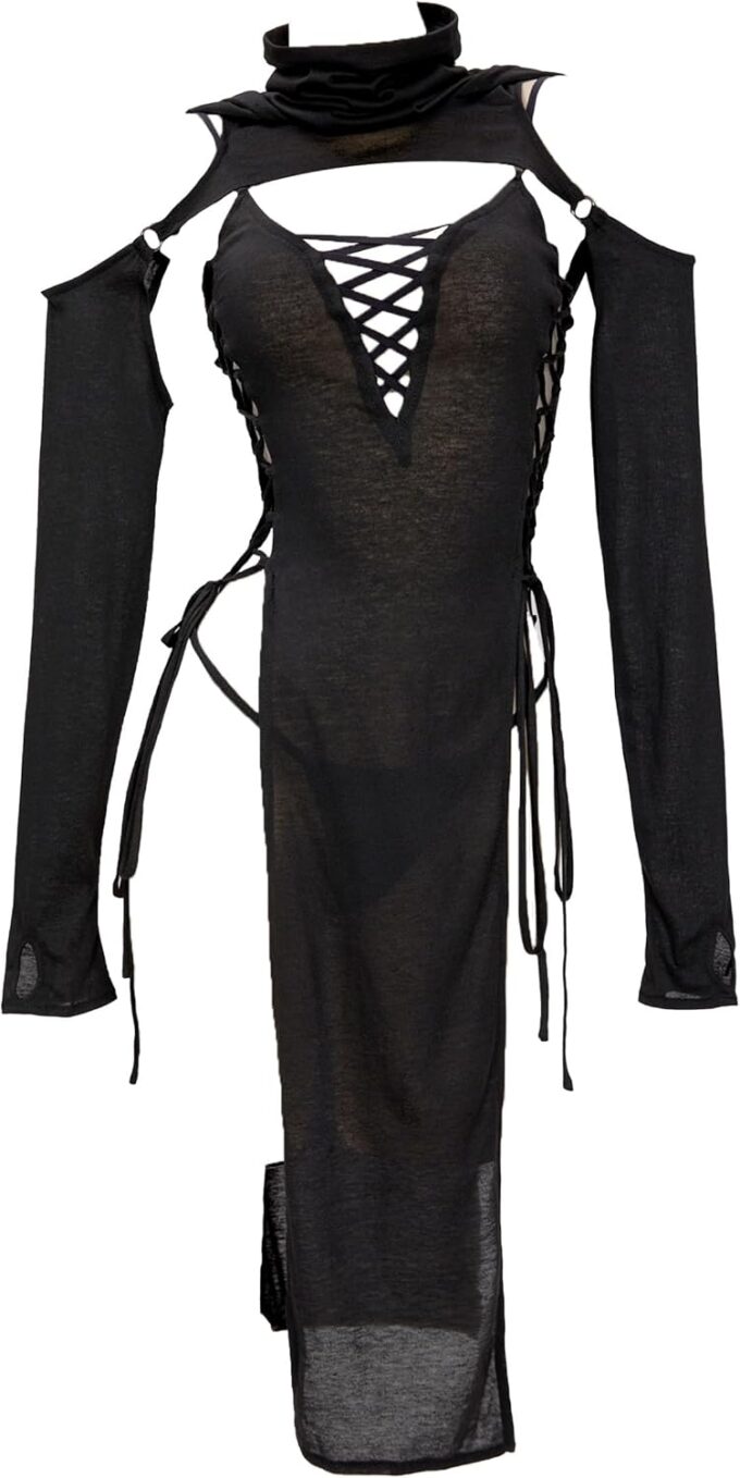 MEOWCOS Women's Bodycon Dress Gothic Ninja Style Lace up Slit Dress and Hooded Top Black