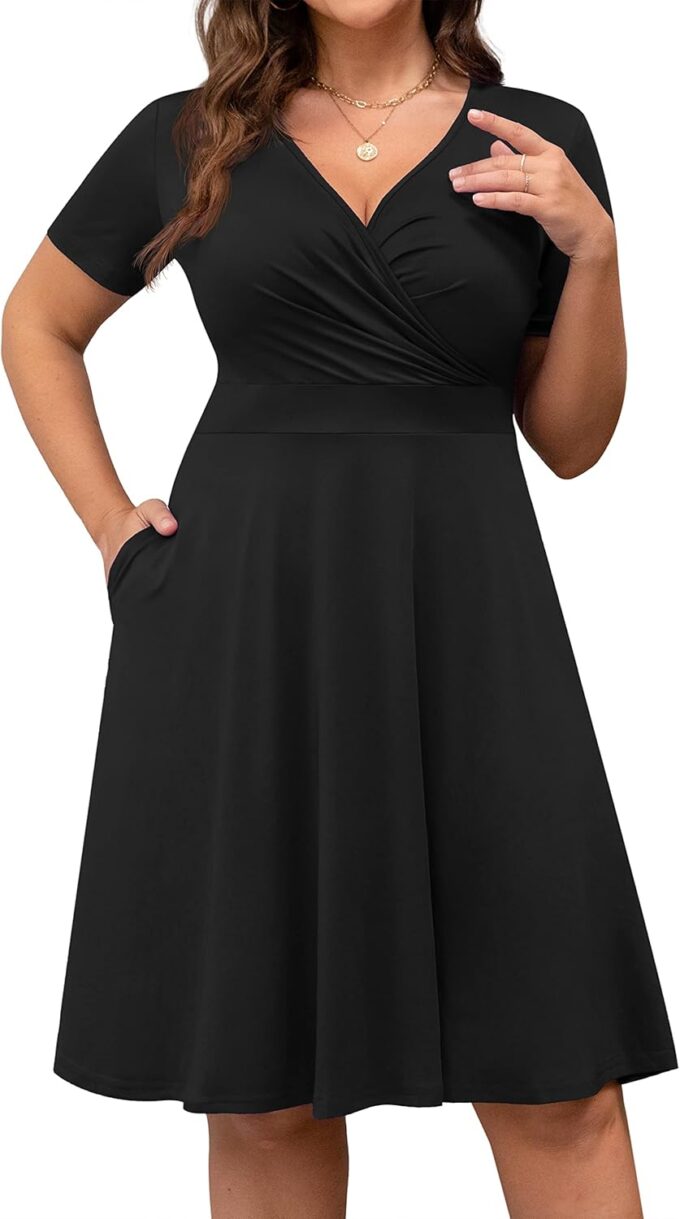 POSESHE Womens Plus Size Dresses Summer Short Sleeve Wrap V-Neck Sundress Casual Wedding Guest Cocktail Dress with Pockets – Bild 4