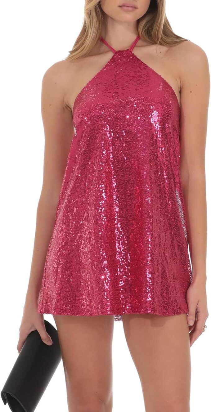 hibshaby Women's Glitter Sequin Dress Halter Neck Party Cocktail Sparkly Mini Dress Clubwear