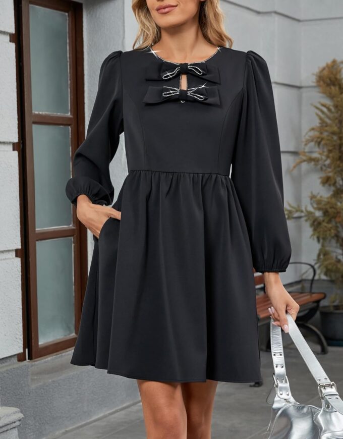 Women's Bow Neck Mini Dresses A Line Rhinestone Short Dress Long Sleeves Flowy Summer Babydoll Dress – Bild 3