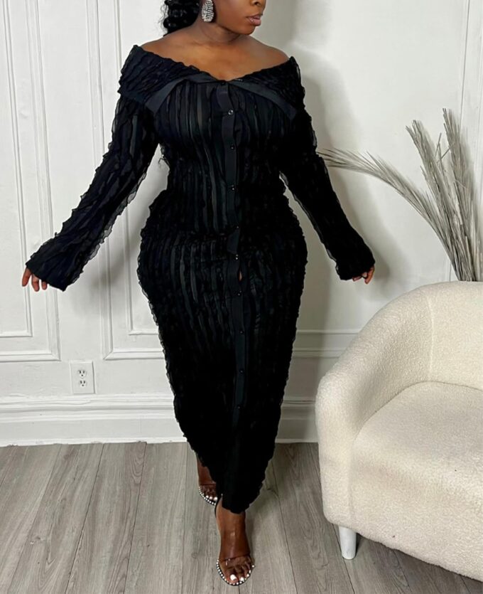 Womens Sexy Off Shoulder Maxi Dress Pleated See Through Flare Sleeve Button Down Slit Bodycon Long Dresses – Bild 4