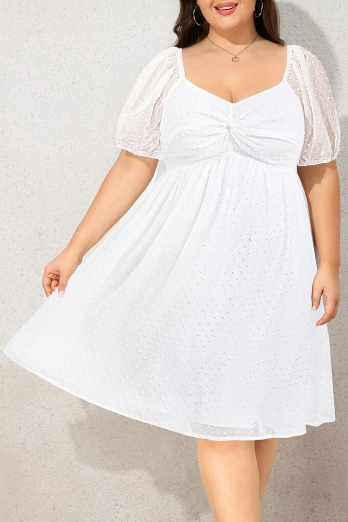 Plus Size Graduation Dress - Summer Swiss Dot Sweetheart Neckline Short Sundress Puff Sleeve Cute Flowy Chiffon Dresses – Bild 4