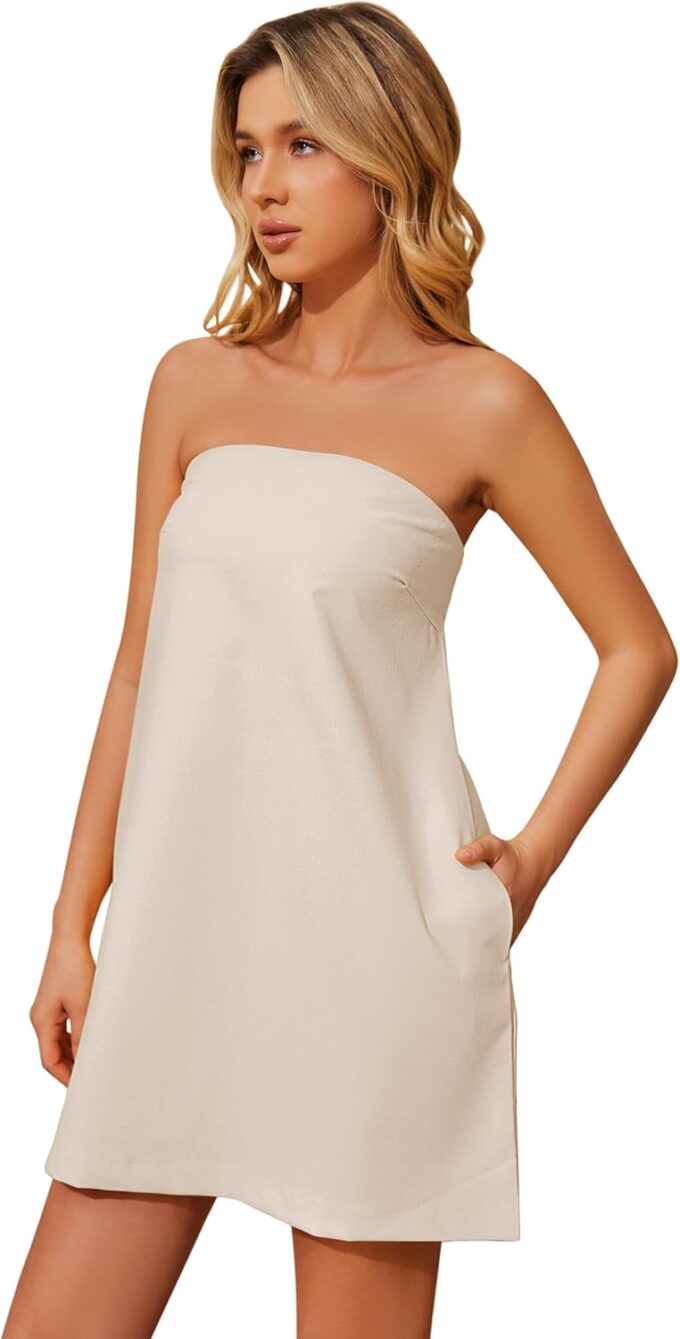 Meladyan Women’s Summer Tube Dress Strapless Backless Mini Tube Dress Smocked Cut Out Relaxed Mini Dresses with Pockets – Bild 2