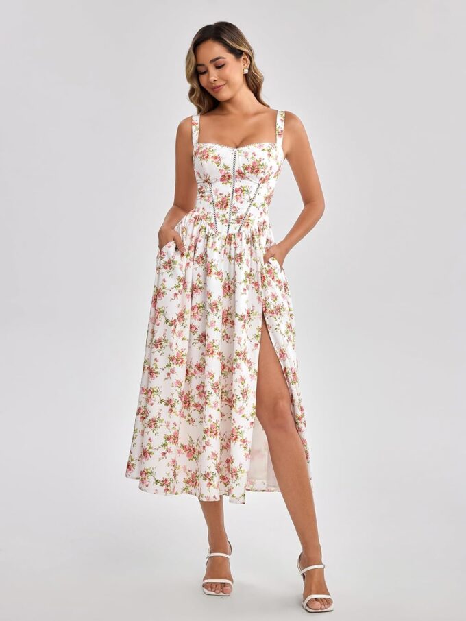 KUTUMAI Floral Corset Midi Dress Flowy Slit Summer Spring Wedding Guest Dresses for Women Sundress with Pockets – Bild 2