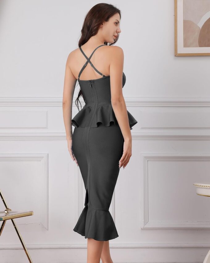 Elegant Midi Bodycon Sleeveless Spaghetti Strap Fishtail Bandage Dresses for Women Cocktail Party Dress – Bild 6