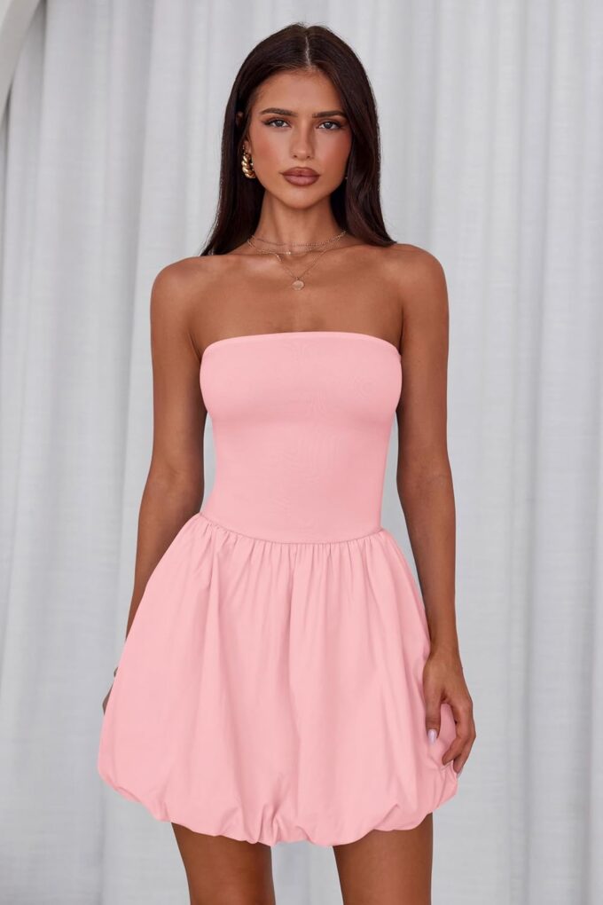 MASCOMODA Womens Strapless Bubble Mini Dress Summer Tube Top Sundress Casual Off Shoulder A Line Party Short Dresses Vacation – Bild 4