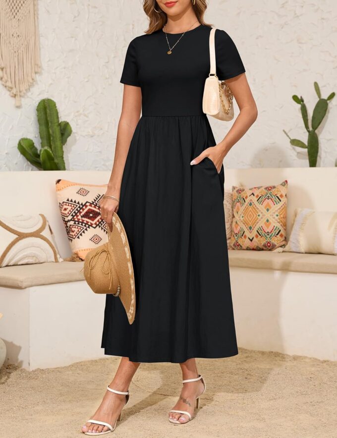 Annebouti Womens 2025 Summer Spring Maxi Dress Trendy Elegant Short Sleeve Cotton Top Casual Long Dress with Pockets – Bild 5
