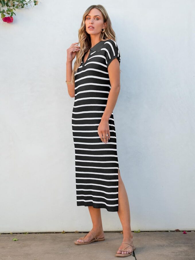 ANRABESS Women's Summer Striped Midi Dress 2025 Casual Short Sleeve V Neck Loose Knitted Side Slit Long Beach Dresses – Bild 4