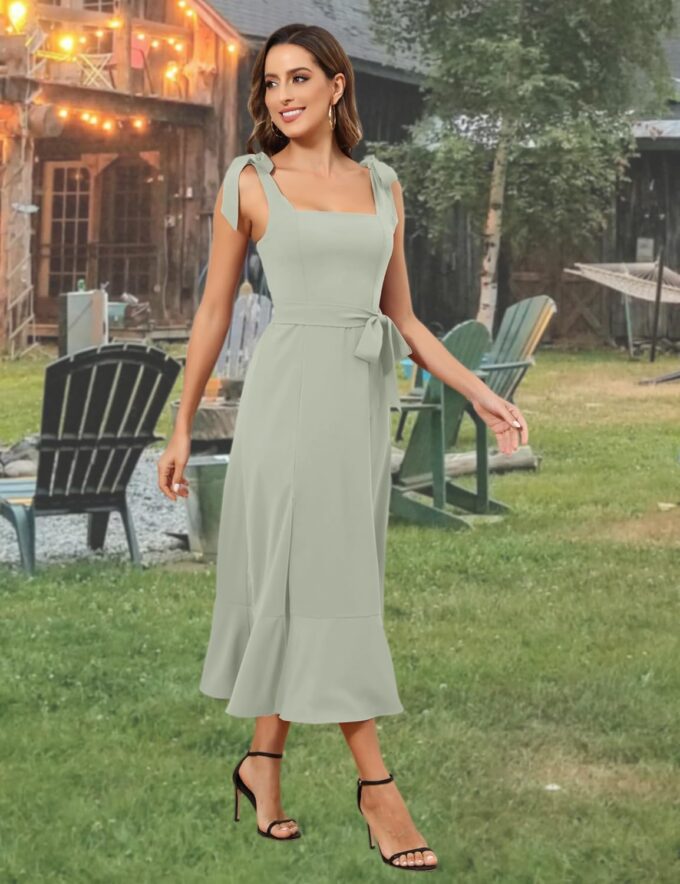 ROYAL MATRIX Women's Midi Dresses for Wedding Guest Semi Formal Dress for Cocktail Party Square Neck Split Bridesmaid Dress – Bild 5
