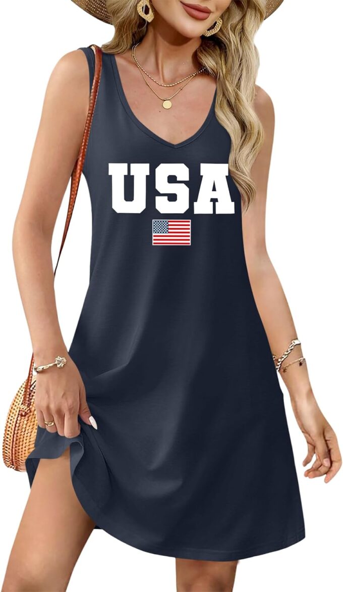 4th of July Dress for Women: American Flag Tank Dresses Star Striped Splicing Loose V Neck Sundresses – Bild 3