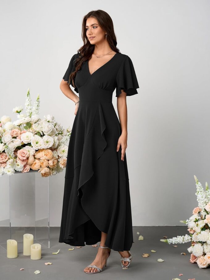 SCOMCHIC Women Wedding Guest Dresses Formal Evening Party Cocktail Short Sleeve V Neck Ruffle Split Flowy Maxi Dress – Bild 5