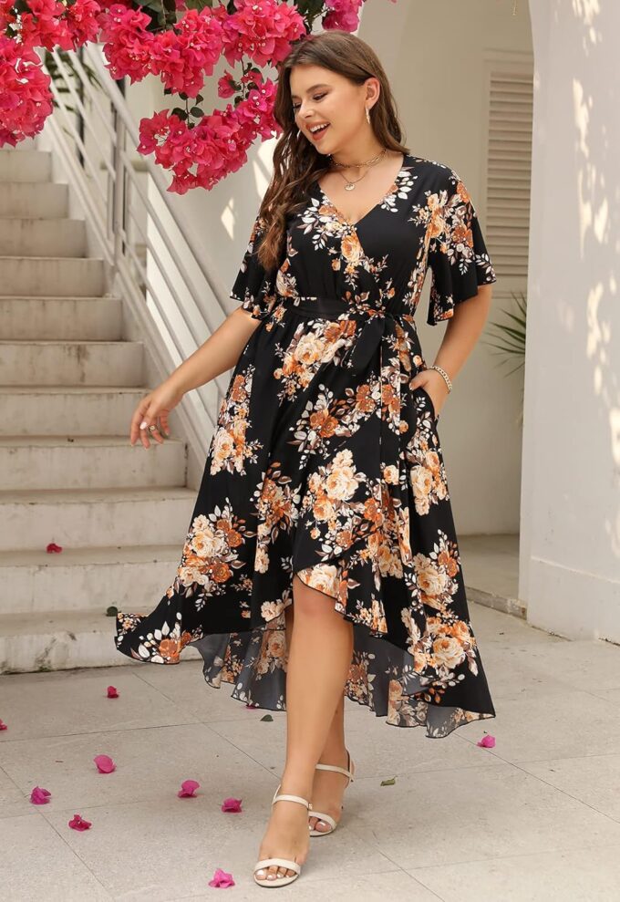 Keluummi Plus Size Summer Wedding Guest Maxi Dress for Curvy Women, V Neck 3/4 Sleeve Empire Waist A Line Floral Long Dress – Bild 3