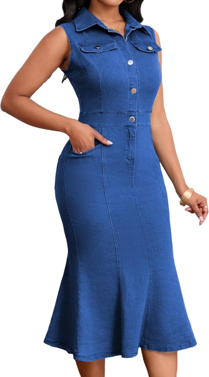 SeNight Women's Denim Dress Sexy V Neck Bodycon Mini Dresses – Bild 2