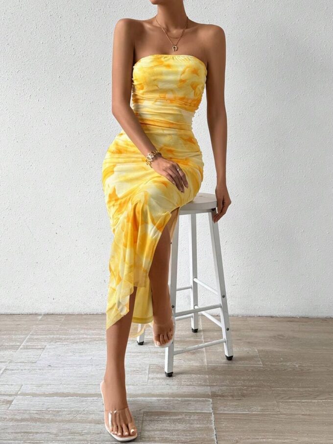 Women's Strapless Tube Top Dress Summer Tie Dye Floral Bodycon Wedding Guest Maxi Slit Dresses Vacation & Party Club – Bild 5