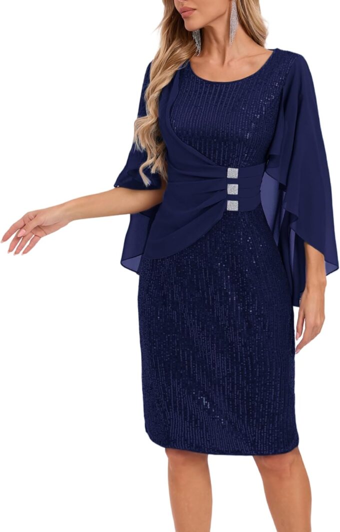Womens Sequin Cocktail Party Dress Elegance Chiffon Midi Dresses Cape Sleeve Bodycon Dress with Ruffle Asymmetrical Over – Bild 2
