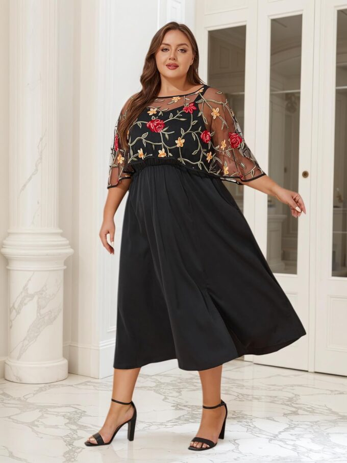 ZNU Women Plus Size Formal Party Wedding Guest Cocktail Dress 2025 - Floral Embroidered Shawl Evening Dress with Pockets – Bild 8