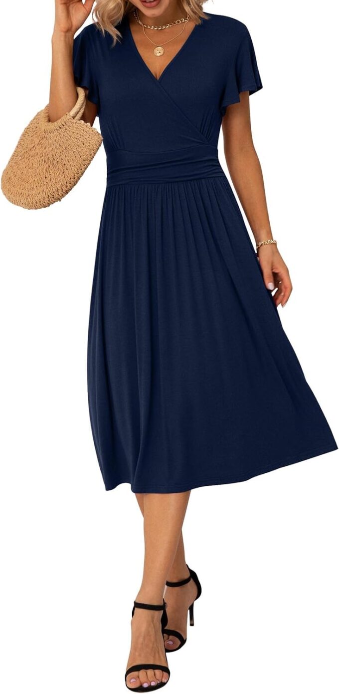 GRECERELLE Spring Summer Dress for Women Casual Ruffle Short Sleeve Wrap V-Neck Dress – Bild 4