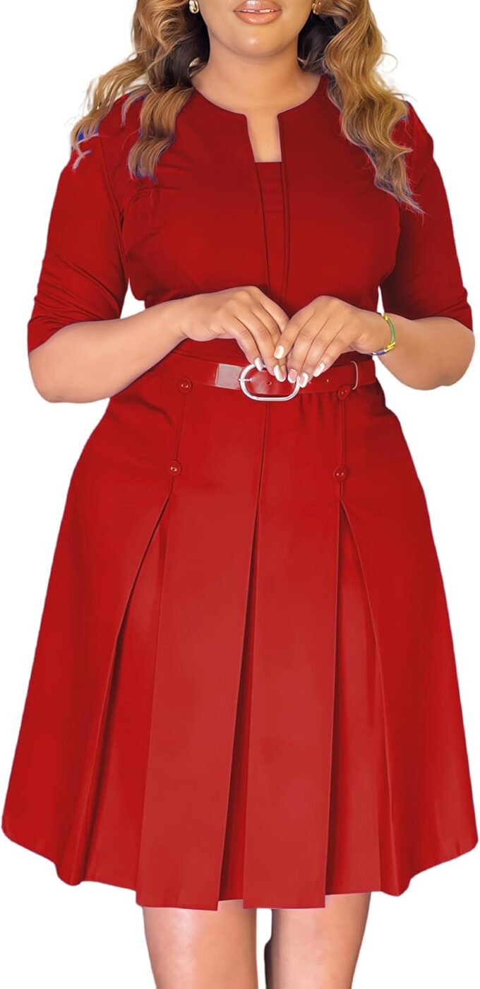 Church Dress for Women 3/4 Sleeve Skirt with Belted Midi Dresses Fit for Office Work and Cocktail Party Outfits – Bild 4