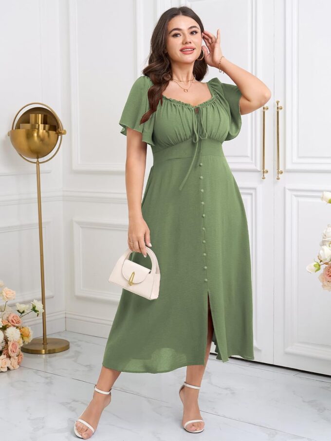 Womens Plus Size Dress Square Neck Smocked Button Down Tie Front Split A-Line Maxi Long Dresses – Bild 3