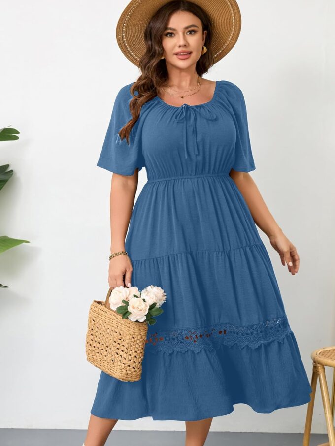 RWJ Women's Plus Size Maxi Dress Short Sleeve Square Neck Flowy A-Line Lace Trim Flutter Party Casual Off Shoulder Dresses – Bild 7