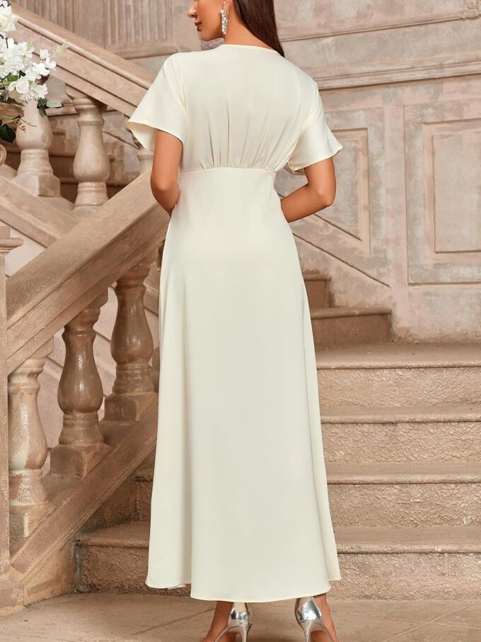 Women's 2025 Satin Dress Elegant Deep V Neck Flutter Sleeve A-Line Gown Cocktail Party Maxi Dresses – Bild 5