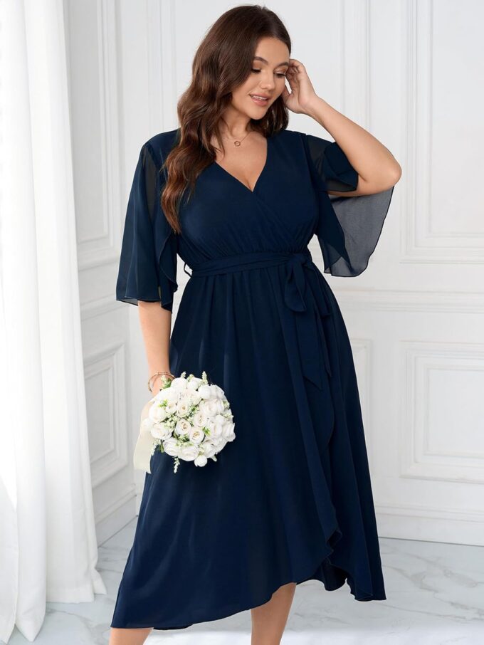 Plus Size Formal Wedding Guest Cocktail Dress for Curvy Women Flutter Sleeve Ruffle Hem Wrap V Neck Midi Dresses – Bild 4