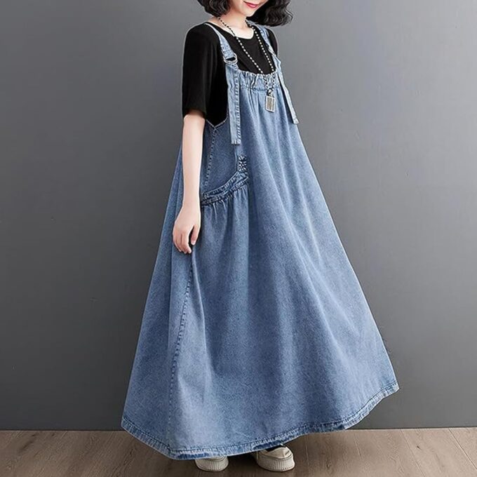 Women's Denim Pullover Casual Loose Sleeveless Adjustable Strap Denim Dress with Pockets and Wide Hem – Bild 6