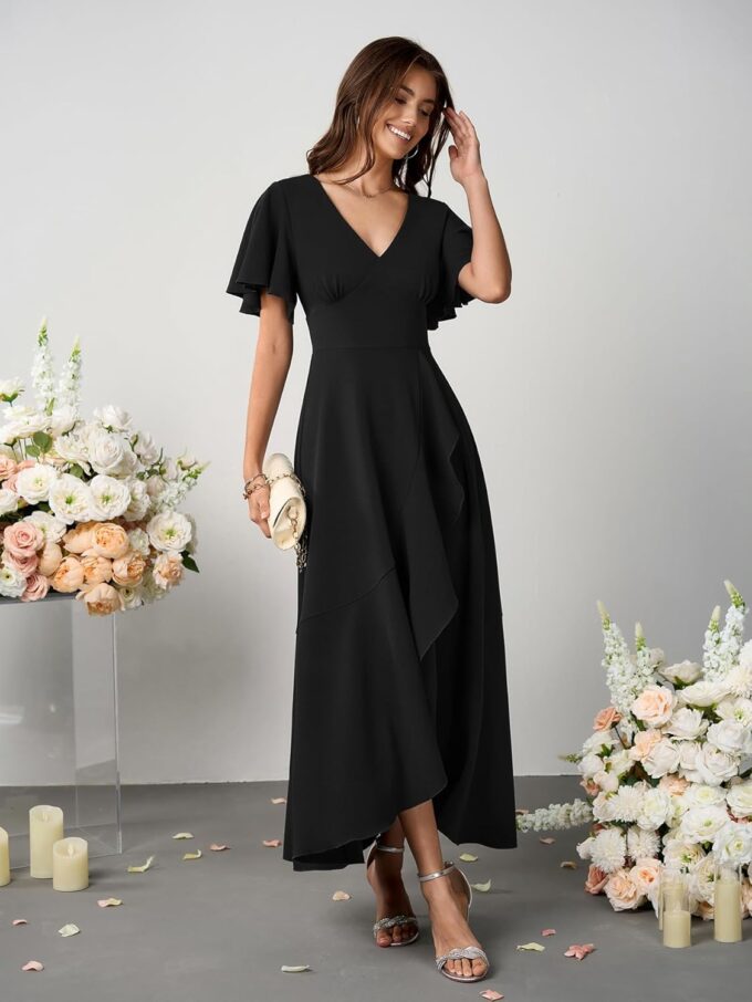 SCOMCHIC Women Wedding Guest Dresses Formal Evening Party Cocktail Short Sleeve V Neck Ruffle Split Flowy Maxi Dress – Bild 4