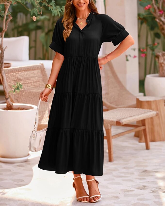 dowerme Women's Summer Dresses 2025 Casual Short Sleeve Button Loose Fit Pleated Boho Flowy Swing Long Beach Sun Dress – Bild 3