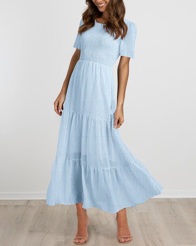 BTFBM Women Casual Short Sleeve Crew Neck Summer Dress Bohemian Floral Printed Flowy Maxi Dresses Tiered Cocktail Dress – Bild 4