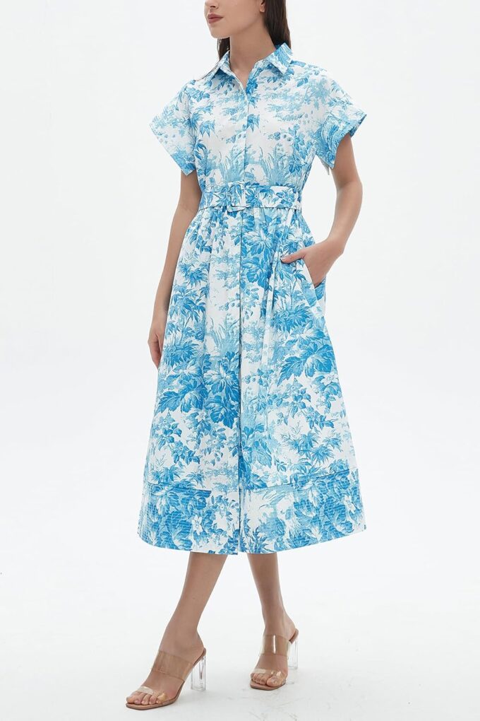 D-Sun Women Button Down Shirt Dress V-Neck Floral Printed Short Sleeves Mid Shirt Dress Belt A-Line Party with Pockets – Bild 2