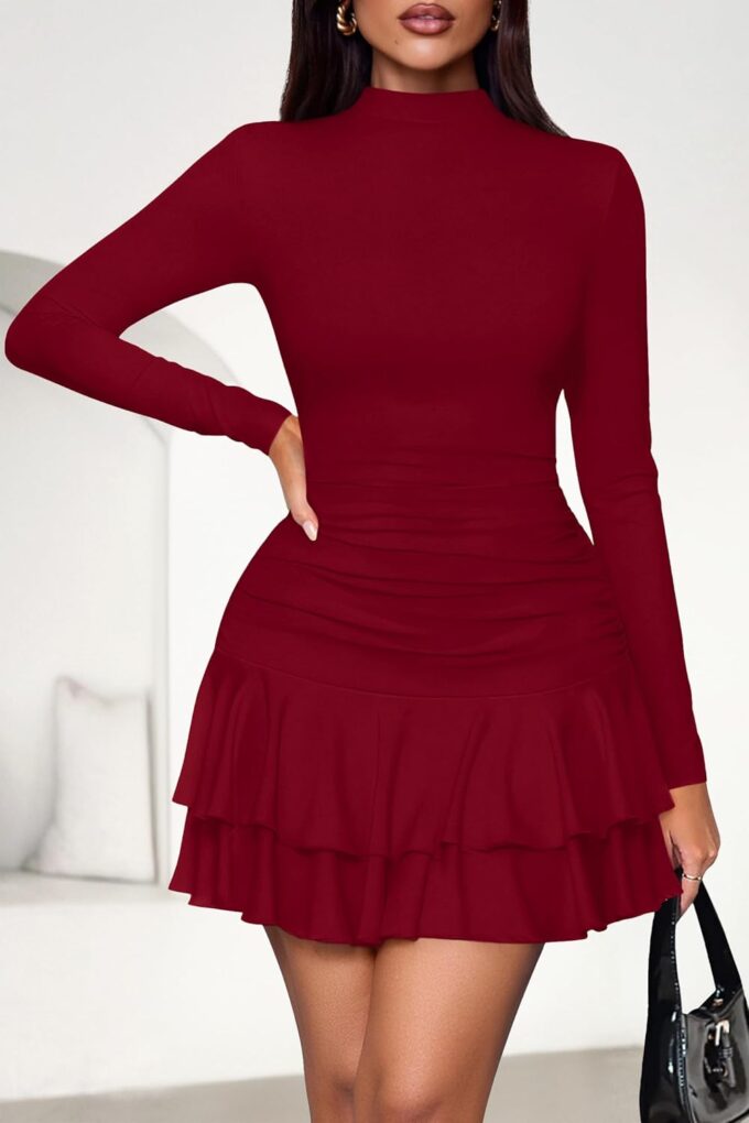 PRETTYGARDEN Women's Fall Long Sleeve Dresses 2025 Mock Neck Ruched Y2K Clothes Ruffle Layered Bodycon Mini Party Dress – Bild 2