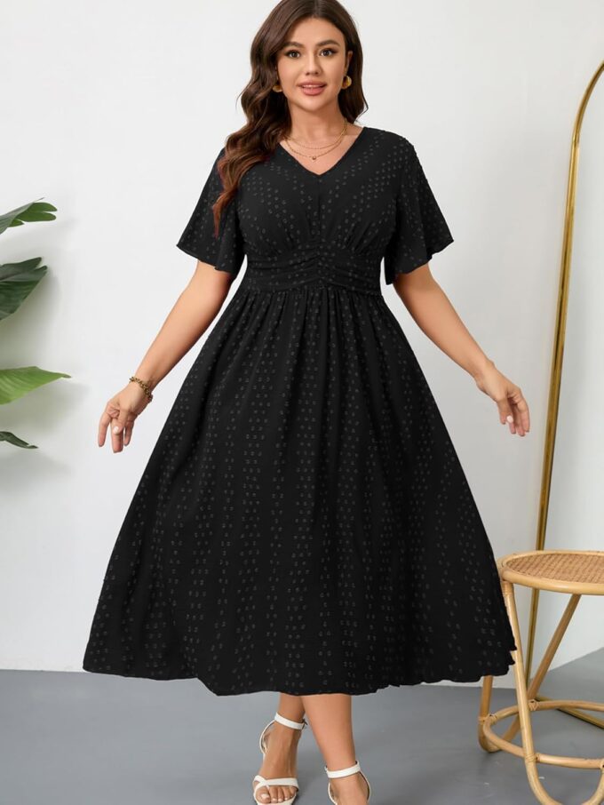 RWJ Women's Plus Size Maxi Dress V Neck Short Sleeve Swiss Dot A Line High Waist Flowy Casual Summer Dresses 2025 – Bild 3
