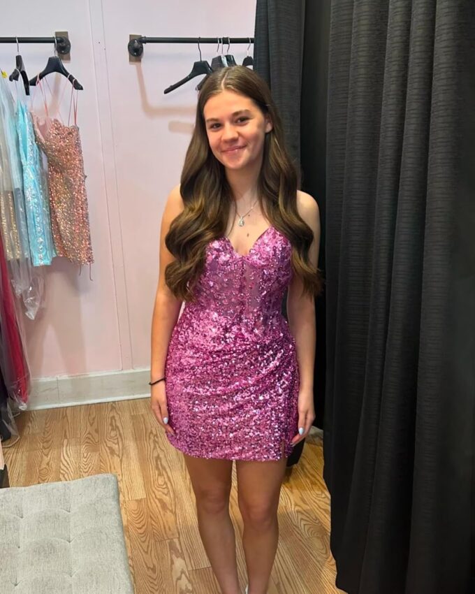 Noras dress Sequin Applique Mini Homecoming Dress Spaghetti Straps Sparkly Cocktail Party Dresses for Teens NO158 – Bild 2