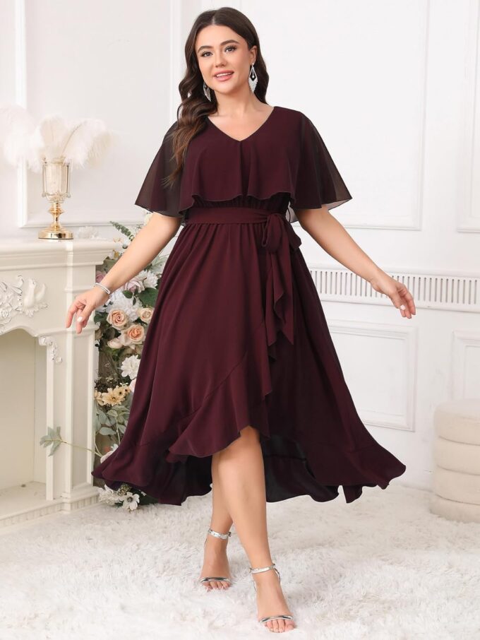 Women Plus Size Long Formal Dress Short Sleeve Chiffon Ruffle V Neck High Low Split Wedding Guest Maxi Dresses – Bild 2