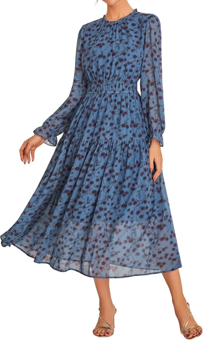 GRACE KARIN Women's Long Sleeve Maxi Dress Fall 2025 Chiffon Flowy Wedding Guest Dresses Floral Tiered Dress with Pockets
