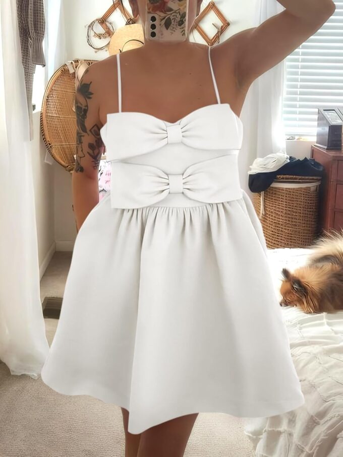 Yousify Womens Cute Bow Mini Dresses Summer Spaghetti Strap A Line Backless Smocked Babydoll Party Dress – Bild 6