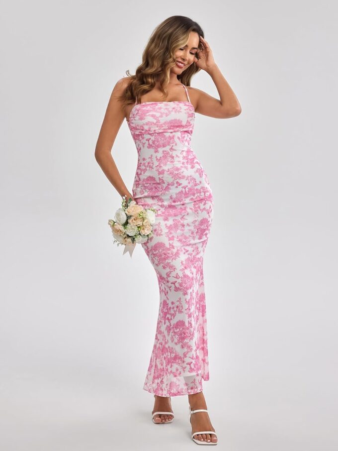 Women's Summer Floral Maxi Dress Square Neck Mesh Ruched Bodycon Formal Wedding Guest Long Dresses – Bild 3