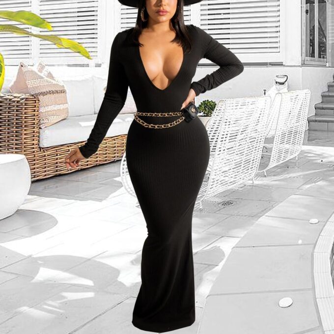Women's Casual Long Sleeves Bodycon Maxi Dress Plus Size Sexy Deep V Neck Club Night Party Sweater Ribbed Long Dresses – Bild 4