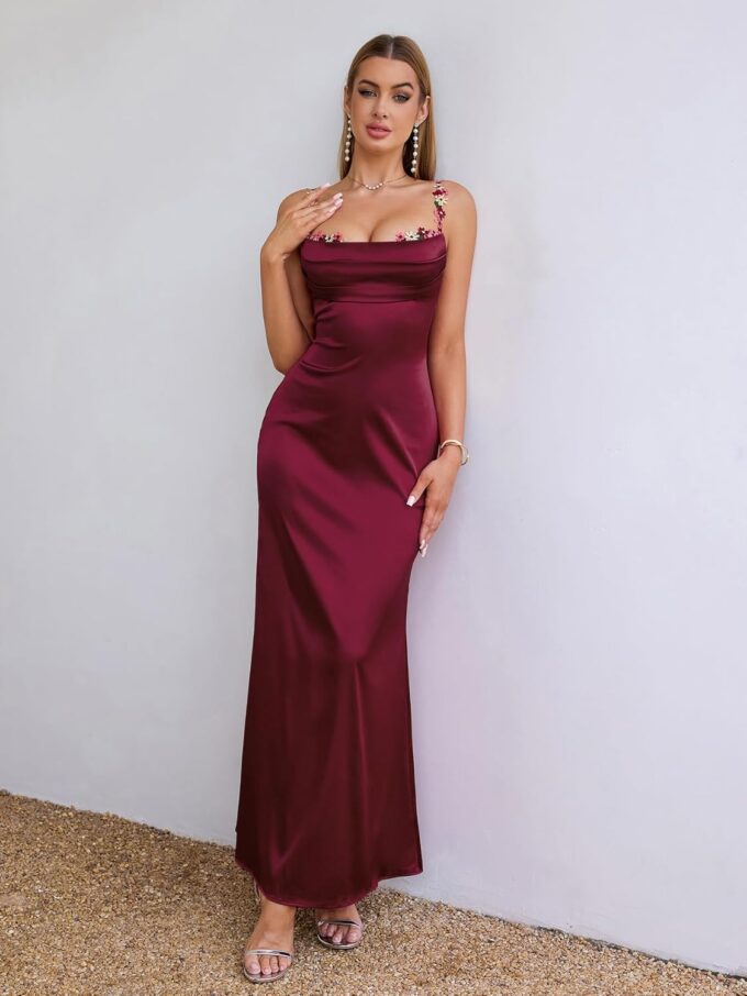 Women's Satin Bodycon Maxi Dress Floral Spaghetti Strap Sweetheart Neckline Formal Wedding Guest Party Dresses – Bild 3