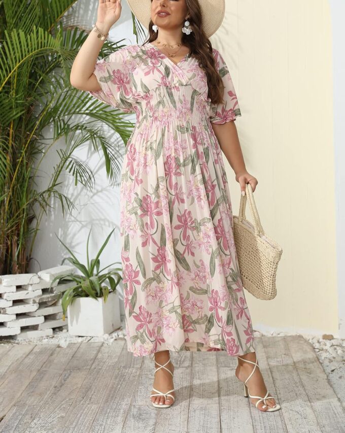 OSTOO Women's Plus Size Hawaii Empire Waist Bat Short Sleeve Casual Floral Print Boho Maxi Dress – Bild 5