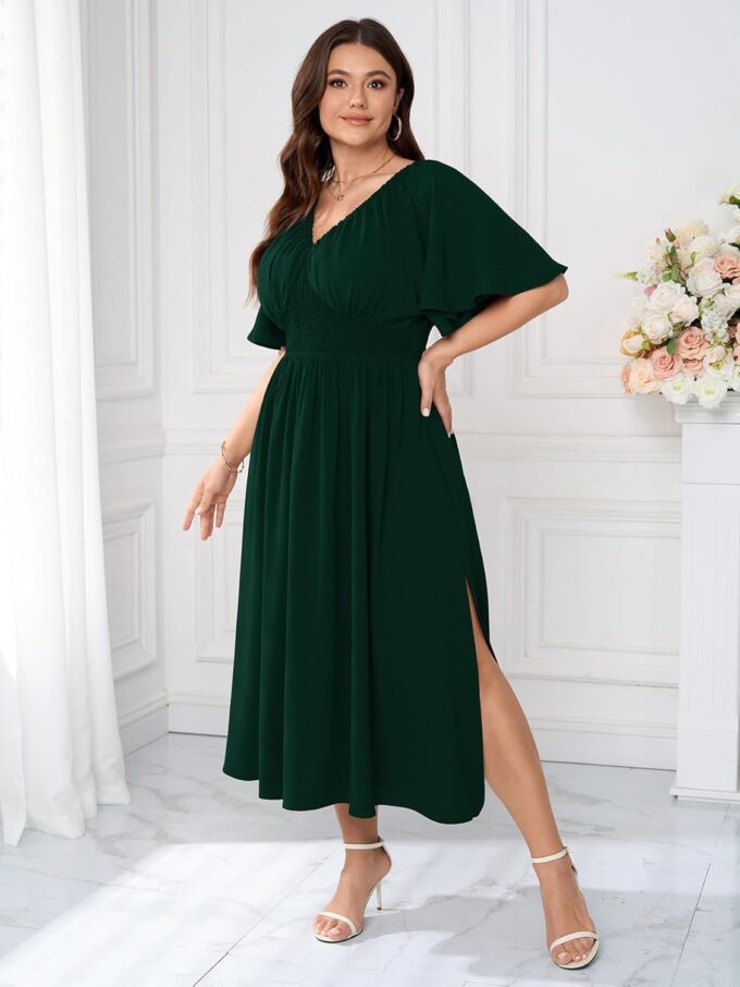 Womens Plus Size Formal Dress V Neck Flutter Short Sleeve Split A Line Boho Maxi Dresses for Wedding Guest – Bild 4