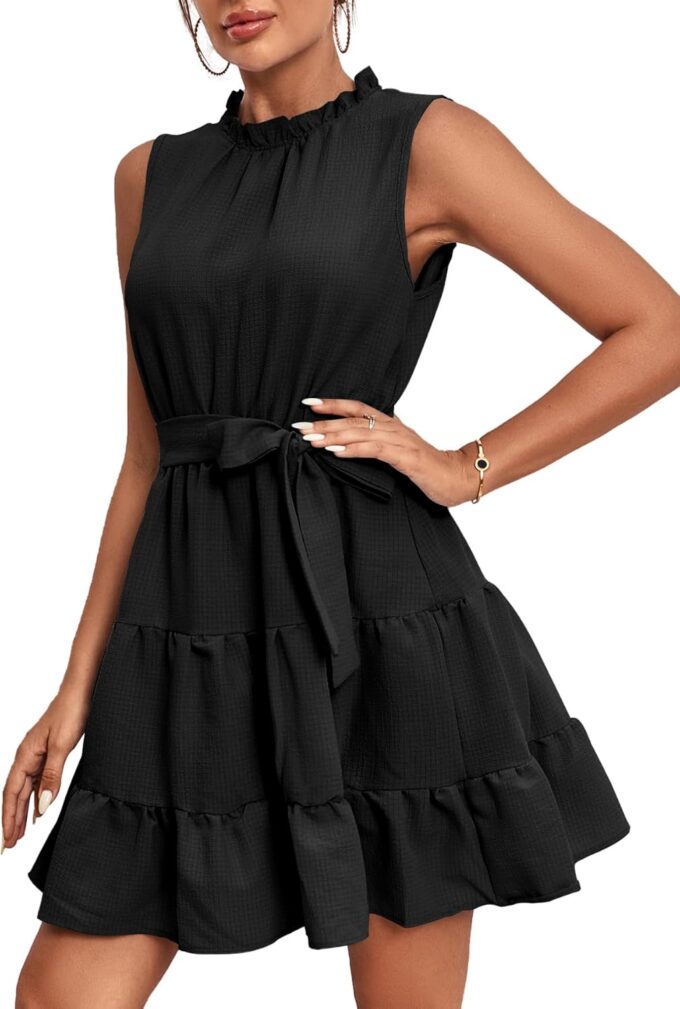 Umenlele Women's Ruched Trim Crewneck Sleeveless Tie Knot High Waist Ruffle Layered Short Dress – Bild 3