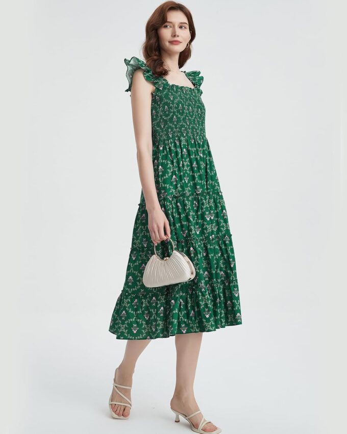 Women's Floral Smocked Midi Dress Square Neck Ruffle Strap Sleeveless Flowy A-Line Long Beach Sundress – Bild 4