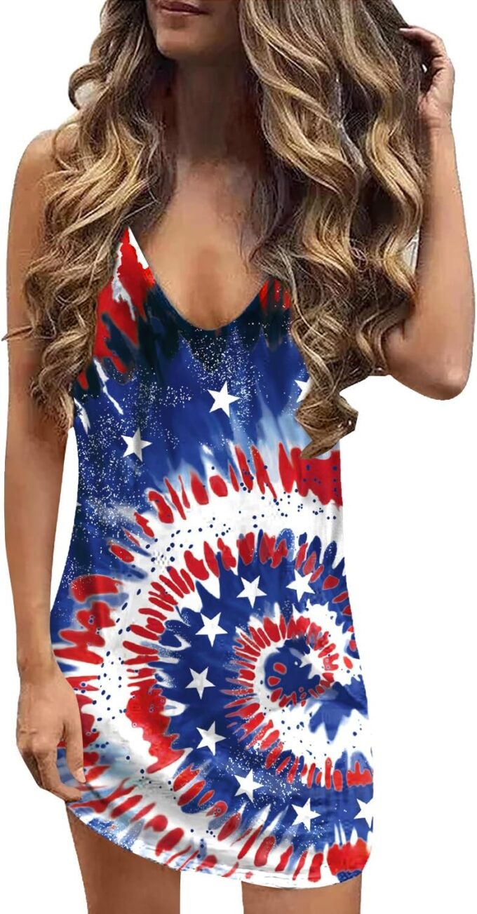 For G and PL Women 4th of July American Flag Tank Dress Deep V Neck Stars Stripe Mini Patriotic Sleeveless Sundress