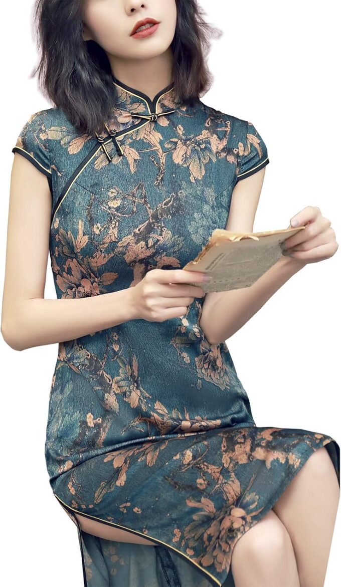 Women's Greenish Blue Traditional Flowers Chinese Dress – Bild 6
