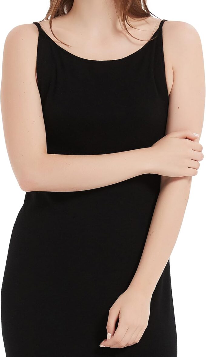 100% Merino Wool Women’s Casual Sleeveless Boat Neck Spaghetti Strap Bodycon Maxi Dress Black Long Dresses – Bild 4